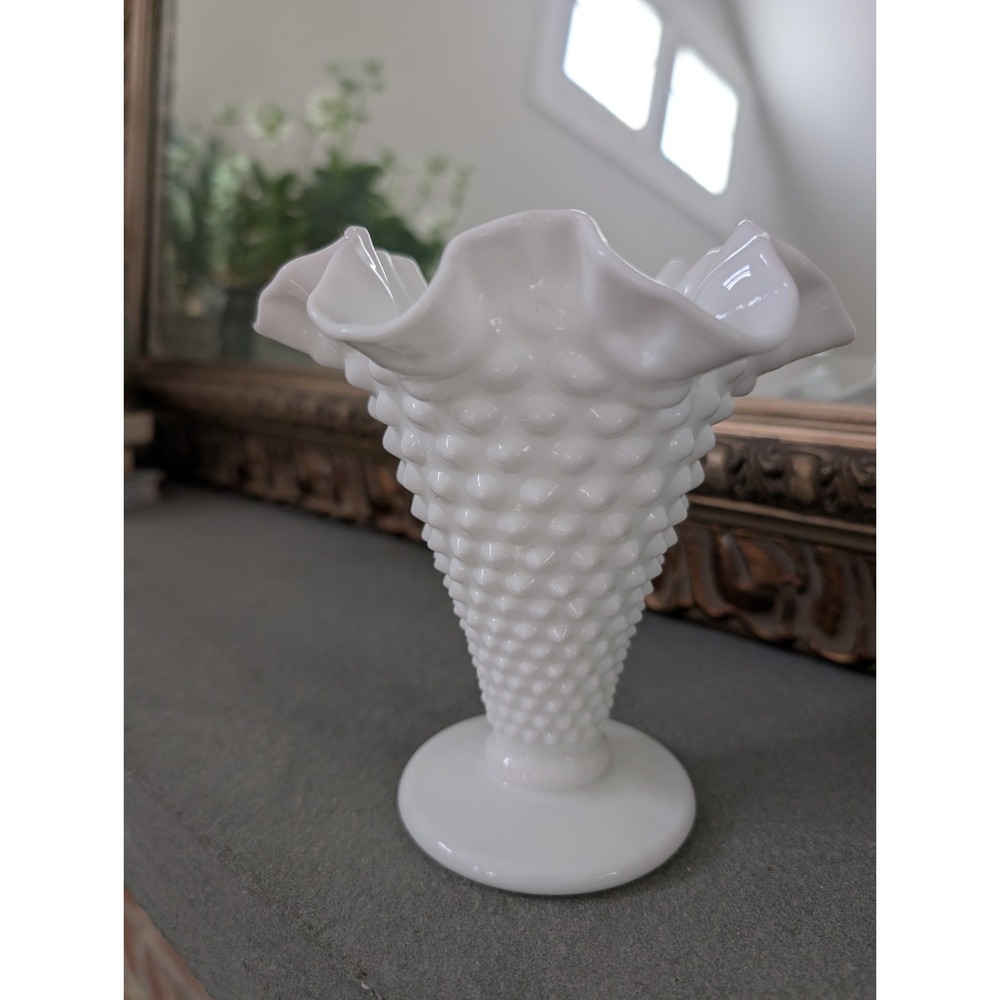 Vintage Fenton Milk Glass Flower Vase Hobnail Pattern 5 3/4" Tall Ruffled Rim